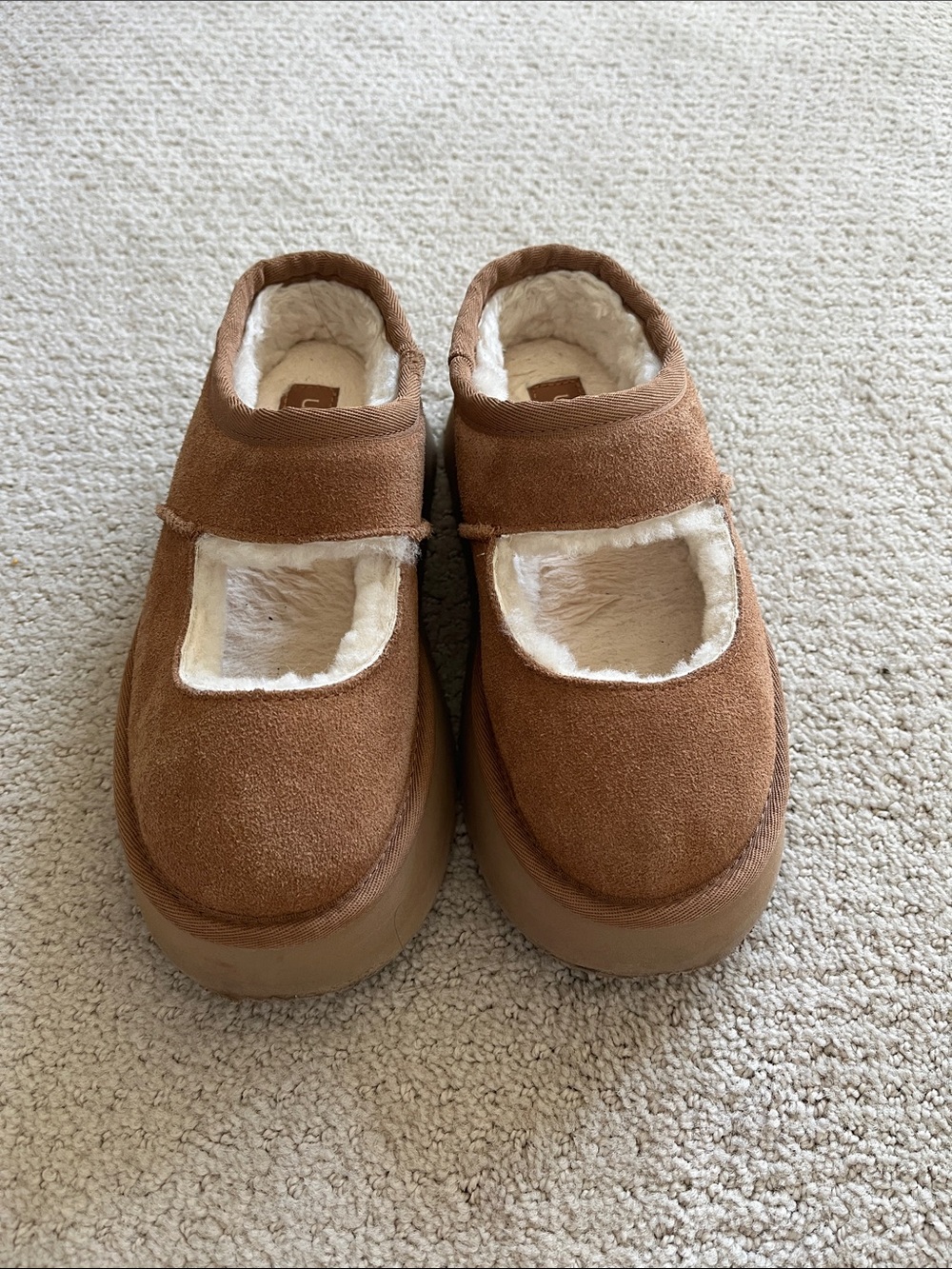 Brown Suede Fleece-Lined Mary Jane Slippers